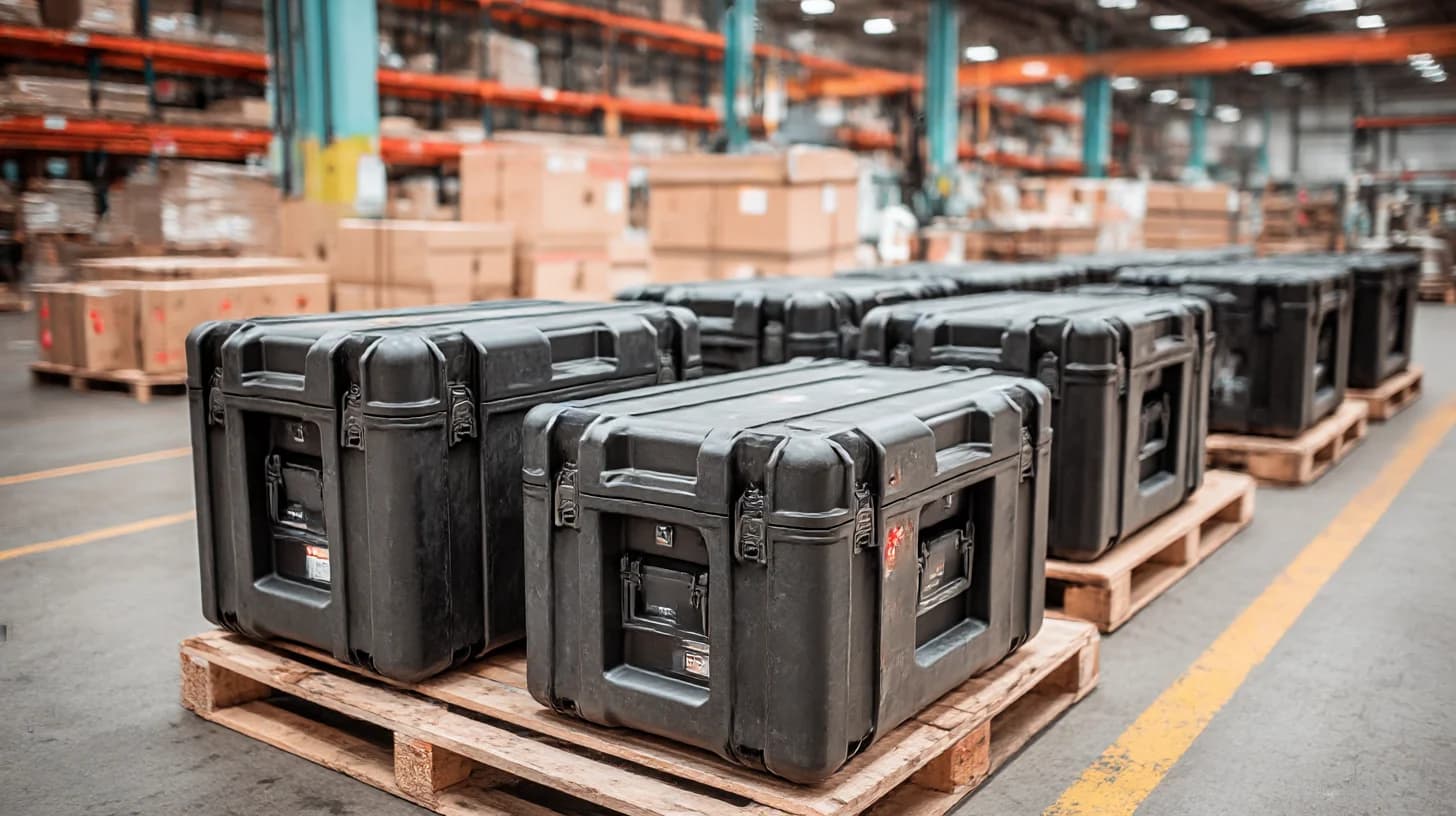 High-tempo field operations: rows of compact portable equipment cases and networking gear ready to ship, warehouse staging, documentary style, no text.