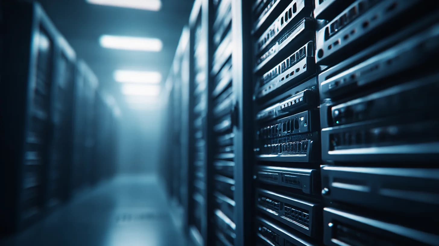 Legacy application stabilized in a modern virtualized environment: clean server room glow, depth and calm order, no text or logos.